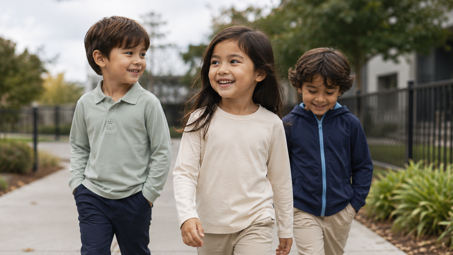 Three children wearing Ember & Ray UPF 50+ clothing walk together on a tree-lined path on a lightly overcast day, showing everyday sun protective clothing for kids.