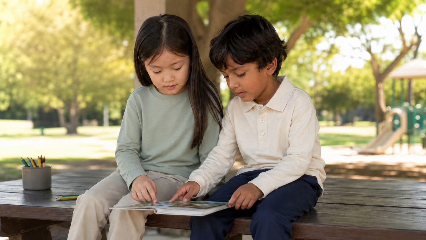 Children wearing Ember & Ray UPF 50+ clothing playing outdoors in the shade, showing everyday sun protective clothing for kids