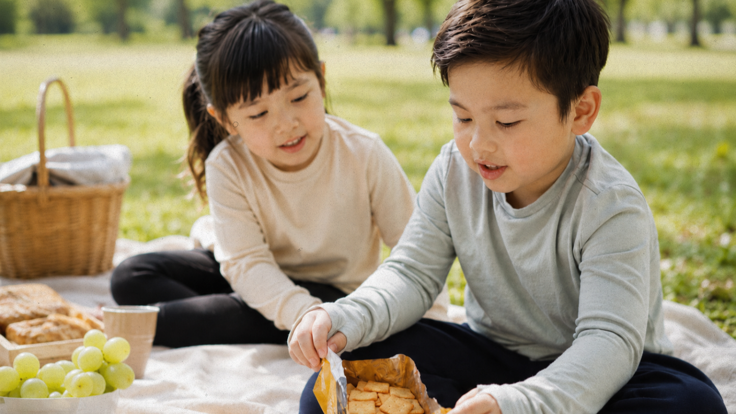 two children wearing Ember & Ray everyday UPF 50+ clothing during outdoor play