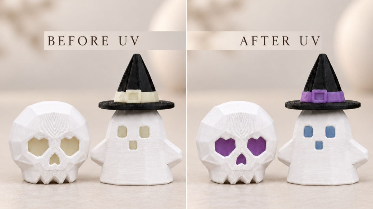 Before and after UV comparison showing Halloween skull and ghost figurines changing colour after ultraviolet exposure.