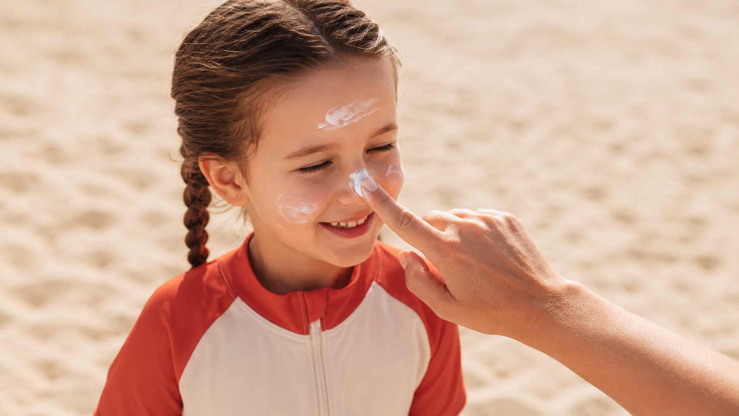 Parent applying sunscreen to a smiling child wearing an Ember & Ray terracotta and ecru UPF 50+ quarter-zip rashguard at the beach.