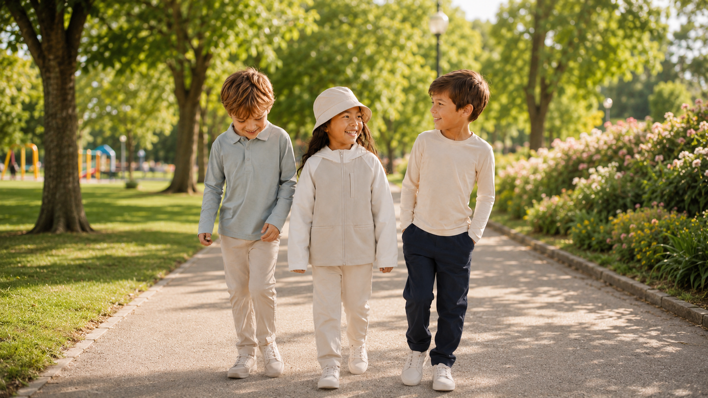 Child wearing UPF 50+ tested sun protective clothing outside on a sunny day.