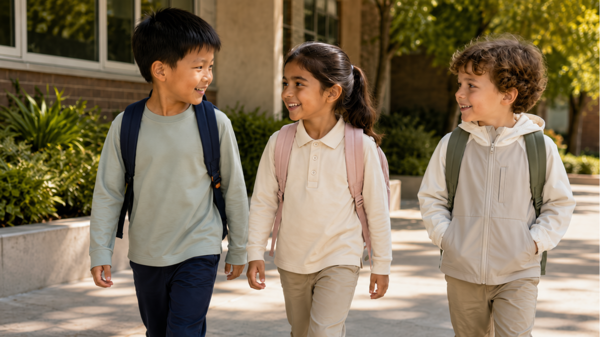 Three children wearing Ember & Ray UPF 50+ clothing, sun hats, and backpacks while walking outdoors on a sunny school day.