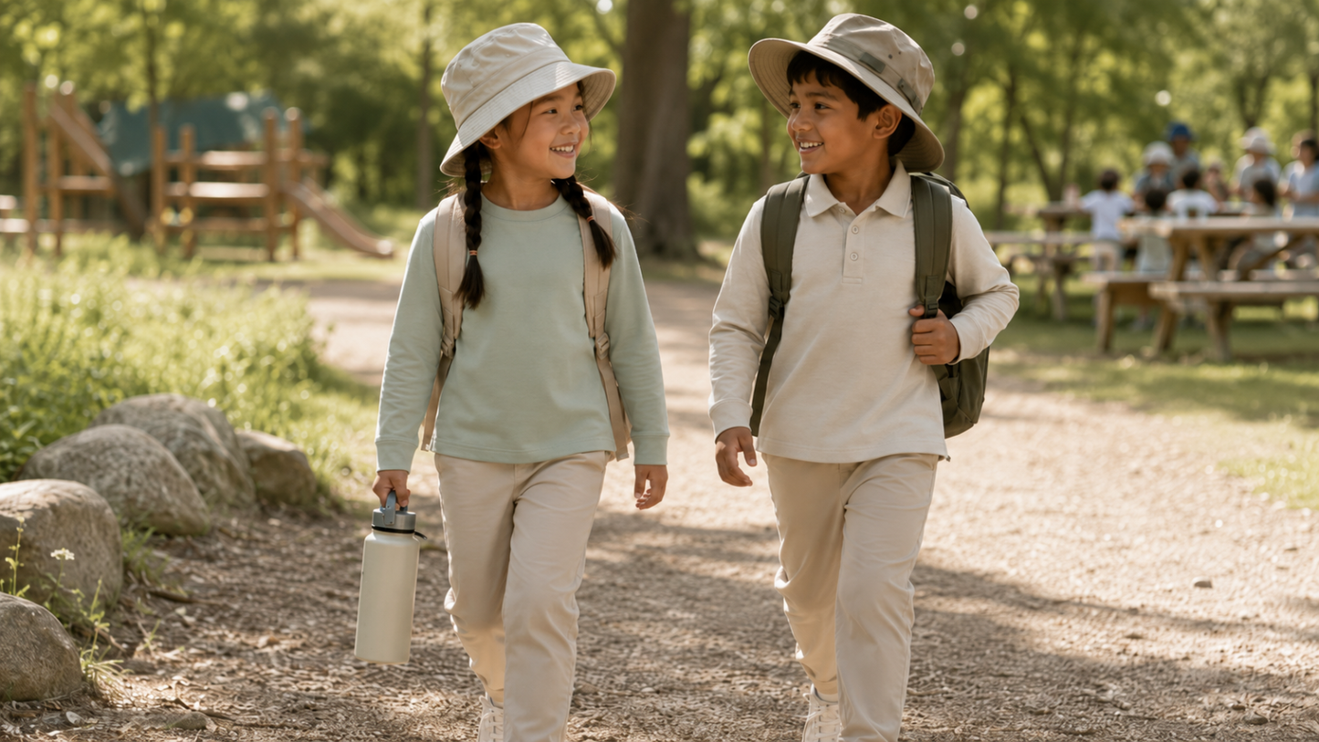 Two children wearing Ember & Ray UPF 50+ clothing, sun hats, and backpacks while walking to an outdoor day-camp activity.