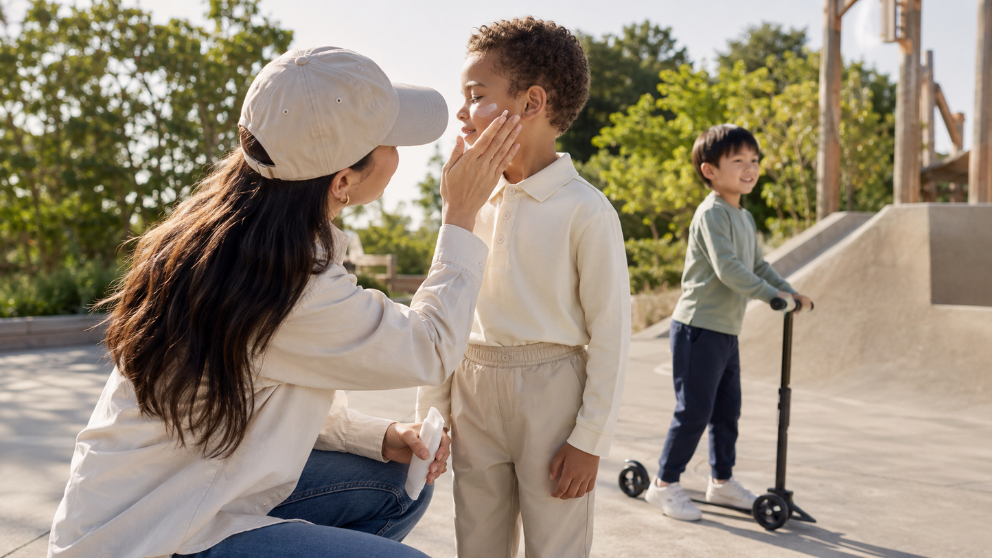 Parent applying sunscreen to a child’s face at a park before outdoor play, showing where to put sunscreen on kids and highlighting easy-to-miss spots.
